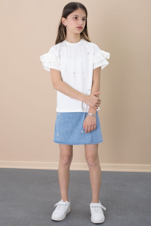 Mavi Jean Şortlu Payetli Kısa Kol Tişörtlü Kız Çocuk 2li Takım 21101