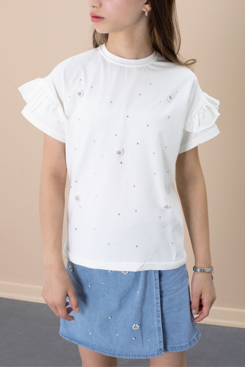 Mavi Jean Şortlu Payetli Kısa Kol Tişörtlü Kız Çocuk 2li Takım 21101