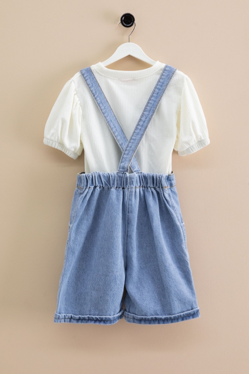 Mavi Kalp Nakışlı Şortlu Salopetli Kız Çocuk Badili 2li Takım 21018