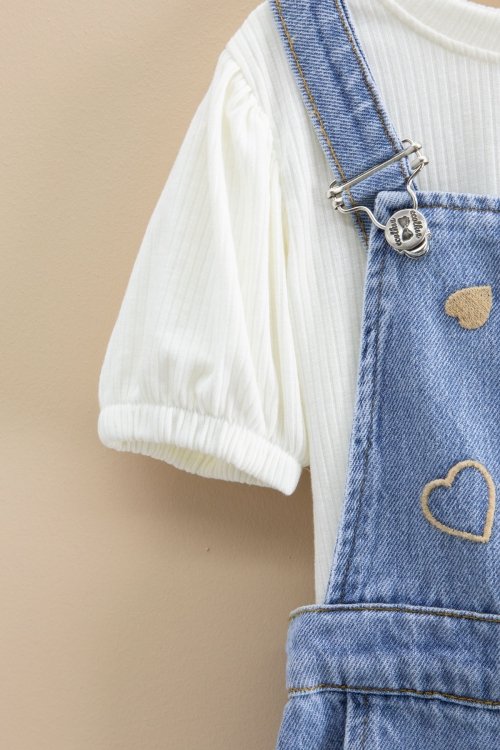 Mavi Kalp Nakışlı Şortlu Salopetli Kız Çocuk Badili 2li Takım 21018