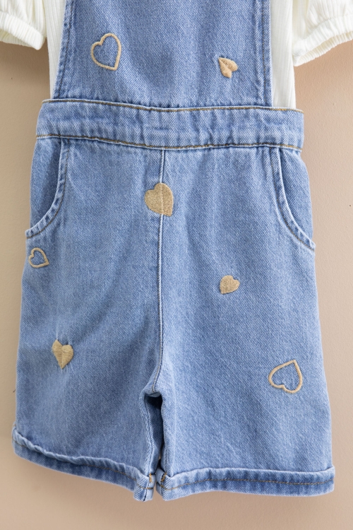 Mavi Kalp Nakışlı Şortlu Salopetli Kız Çocuk Badili 2li Takım 21018