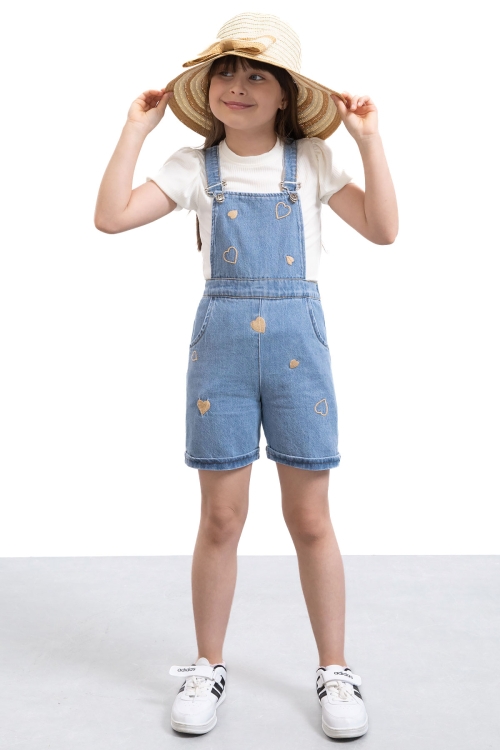 Mavi Kalp Nakışlı Şortlu Salopetli Kız Çocuk Badili 2li Takım 21018