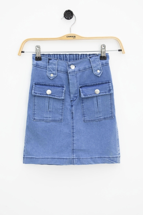 Mavi Ön Cepli Beli Lastikli Kız Çocuk Jean Şort Etek 21122