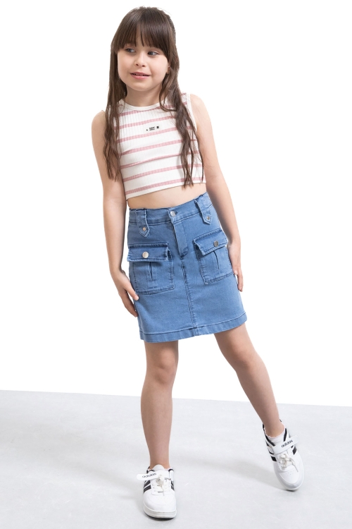 Mavi Ön Cepli Beli Lastikli Kız Çocuk Jean Şort Etek 21122