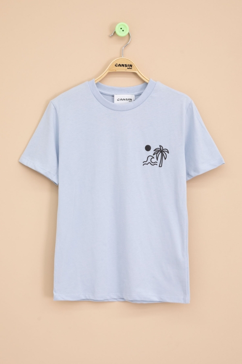 Mavi Palmiye Baskılı Sırtı Yazılı Erkek Çocuk Kısa Kol Tişört 20927