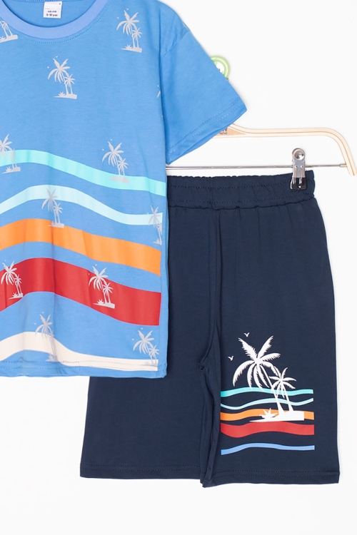Mavi Palmiye Desenli Bisiklet Yaka Erkek Çocuk Şortlu Takım 20628