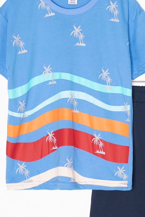 Mavi Palmiye Desenli Bisiklet Yaka Erkek Çocuk Şortlu Takım 20628