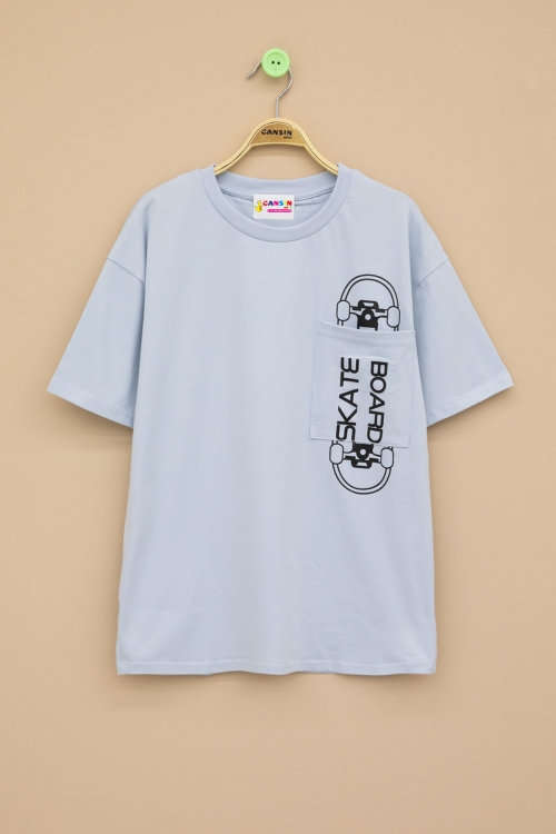 Mavi Skateboard Baskılı Cepli Erkek Çocuk Bisiklet Yaka Tişört 20911