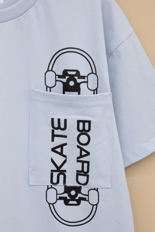 Mavi Skateboard Baskılı Cepli Erkek Çocuk Bisiklet Yaka Tişört 20911