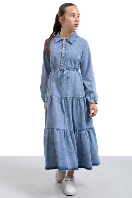 Mavi Uzun Kesim Kuşaklı Kız Çocuk Pileli Jean Elbise 21136