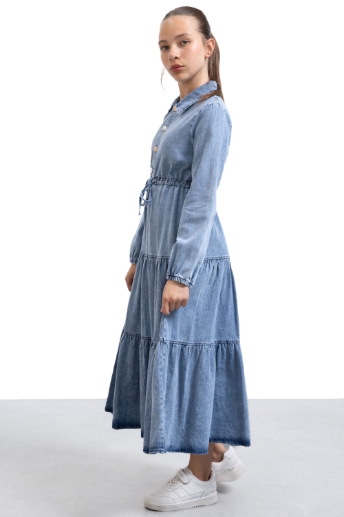 Mavi Uzun Kesim Kuşaklı Kız Çocuk Pileli Jean Elbise 21136