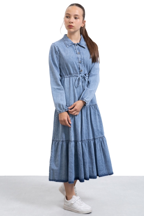 Mavi Uzun Kesim Kuşaklı Kız Çocuk Pileli Jean Elbise 21136