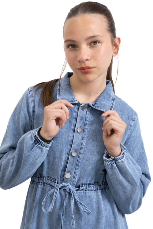 Mavi Uzun Kesim Kuşaklı Kız Çocuk Pileli Jean Elbise 21136