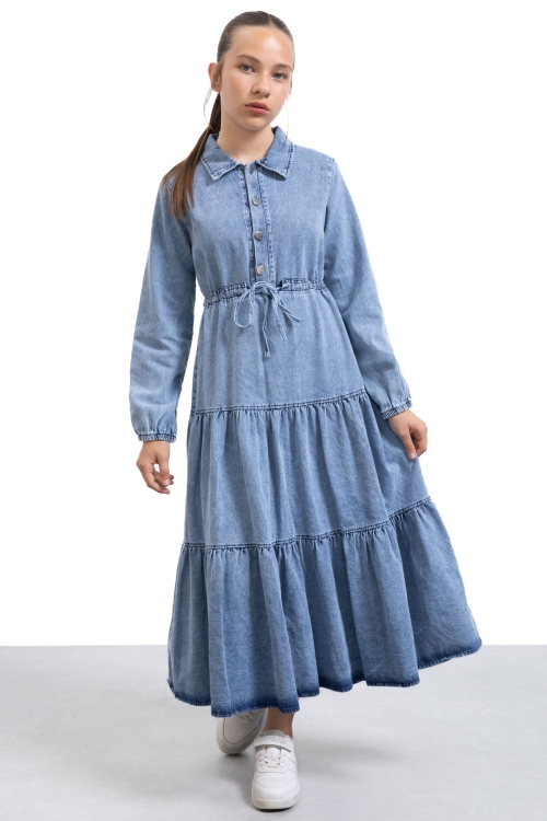 Mavi Uzun Kesim Kuşaklı Kız Çocuk Pileli Jean Elbise 21136