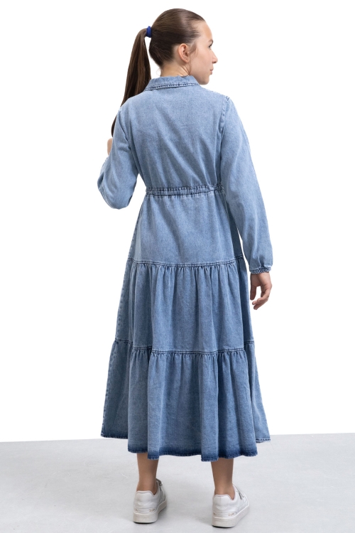 Mavi Uzun Kesim Kuşaklı Kız Çocuk Pileli Jean Elbise 21136
