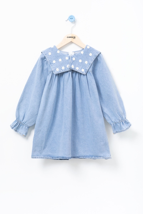 Mavi Yaka Papatya Nakışlı Uzun Kol Kız Çocuk Jean Elbise 20688