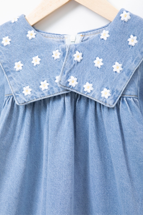 Mavi Yaka Papatya Nakışlı Uzun Kol Kız Çocuk Jean Elbise 20688