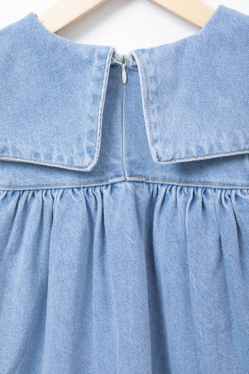 Mavi Yaka Papatya Nakışlı Uzun Kol Kız Çocuk Jean Elbise 20688