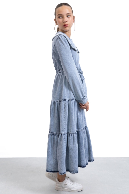 Mavi Yakası Dantel Detaylı Uzun Kol Kız Çocuk Jean Elbise 21134