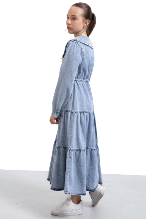 Mavi Yakası Dantel Detaylı Uzun Kol Kız Çocuk Jean Elbise 21134