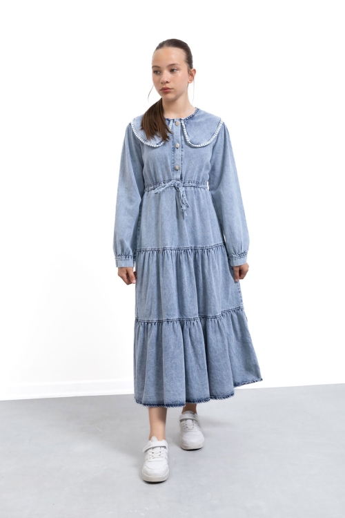 Mavi Yakası Dantel Detaylı Uzun Kol Kız Çocuk Jean Elbise 21134