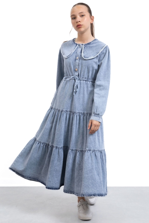 Mavi Yakası Dantel Detaylı Uzun Kol Kız Çocuk Jean Elbise 21134