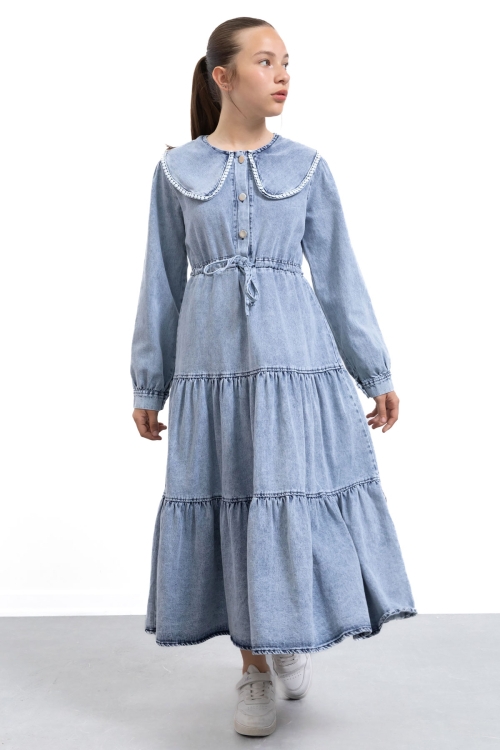 Mavi Yakası Dantel Detaylı Uzun Kol Kız Çocuk Jean Elbise 21134