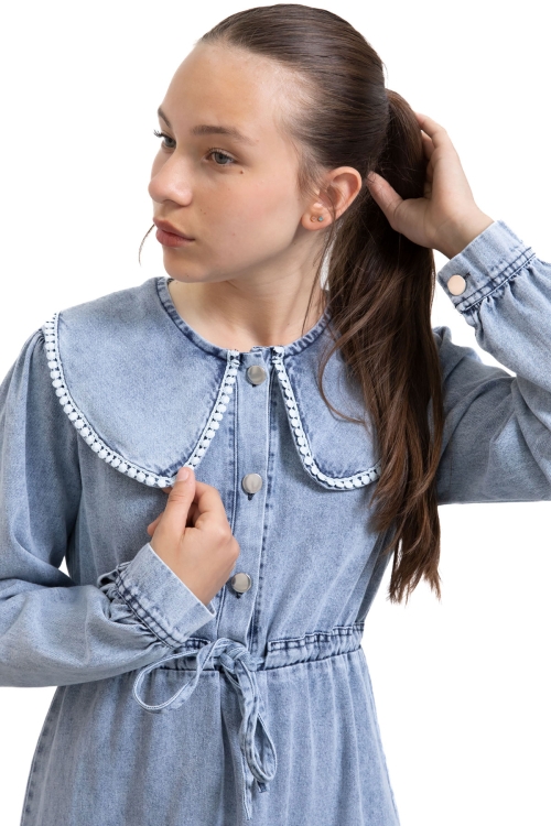 Mavi Yakası Dantel Detaylı Uzun Kol Kız Çocuk Jean Elbise 21134