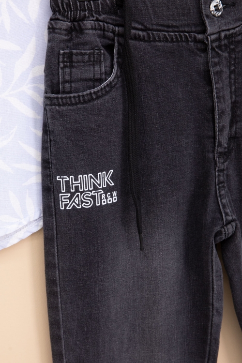 Mavi Yaprak Desenli Keten Gömlekli Erkek Çocuk Takım 19115