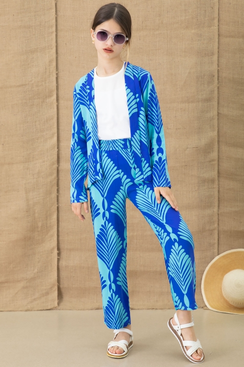 Mavi Yaprak Desenli Kimonolu Geniş Paça Panotolonlu Kız Çocuk 3lü Takım 20763