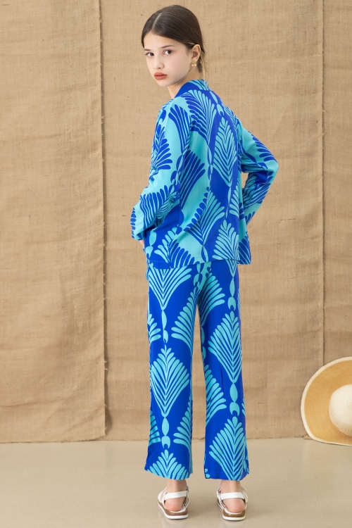 Mavi Yaprak Desenli Kimonolu Geniş Paça Panotolonlu Kız Çocuk 3lü Takım 20763