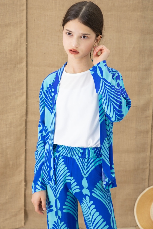 Mavi Yaprak Desenli Kimonolu Geniş Paça Panotolonlu Kız Çocuk 3lü Takım 20763