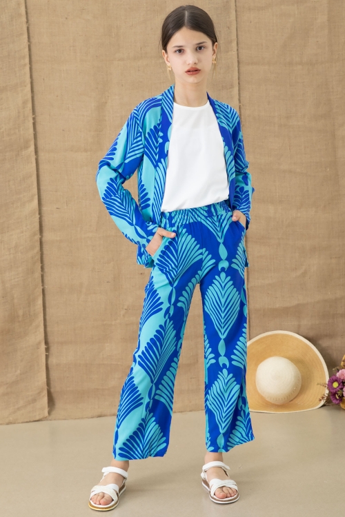 Mavi Yaprak Desenli Kimonolu Geniş Paça Panotolonlu Kız Çocuk 3lü Takım 20763