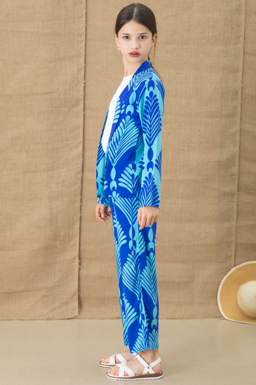 Mavi Yaprak Desenli Kimonolu Geniş Paça Panotolonlu Kız Çocuk 3lü Takım 20763