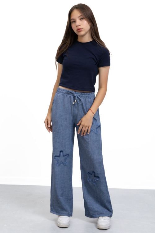 Mavi Yıldız Nakışlı Geniş Paça Rahat Kumaş Kız Çocuk Pantolon 21145
