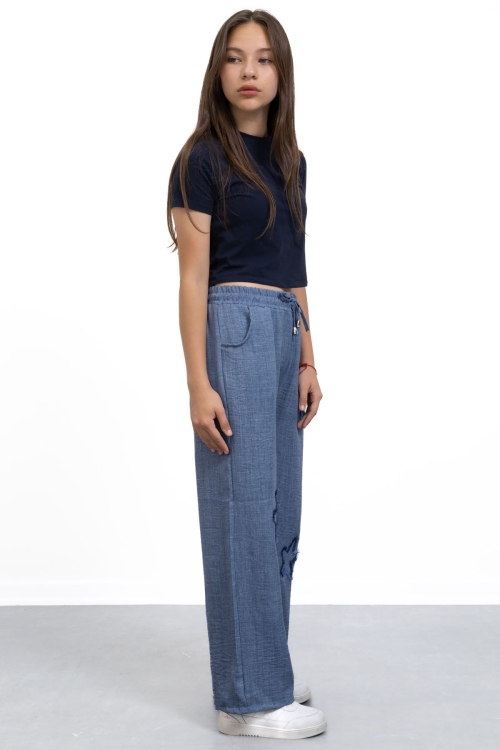 Mavi Yıldız Nakışlı Geniş Paça Rahat Kumaş Kız Çocuk Pantolon 21145