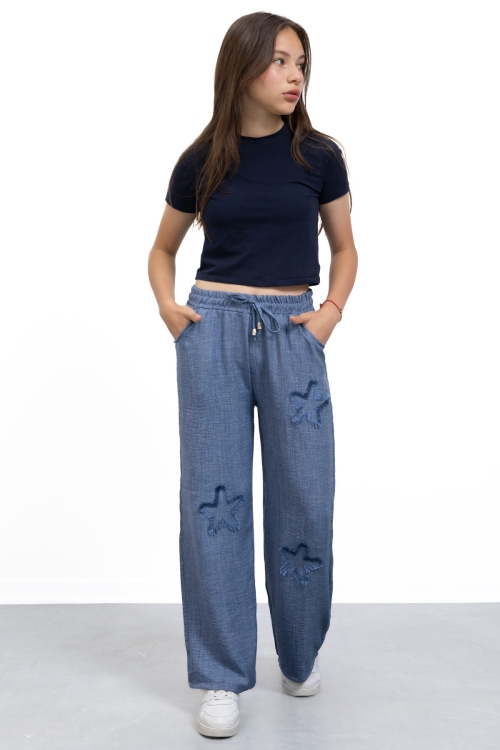 Mavi Yıldız Nakışlı Geniş Paça Rahat Kumaş Kız Çocuk Pantolon 21145