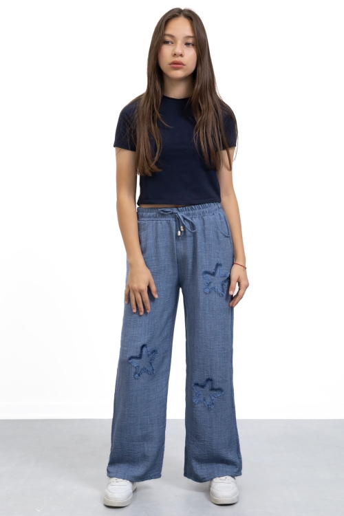 Mavi Yıldız Nakışlı Geniş Paça Rahat Kumaş Kız Çocuk Pantolon 21145