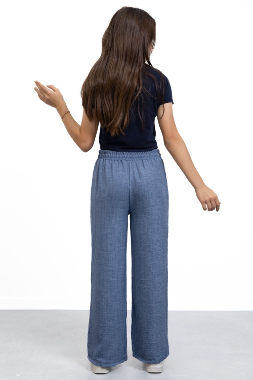 Mavi Yıldız Nakışlı Geniş Paça Rahat Kumaş Kız Çocuk Pantolon 21145