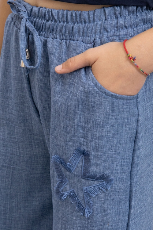 Mavi Yıldız Nakışlı Geniş Paça Rahat Kumaş Kız Çocuk Pantolon 21145