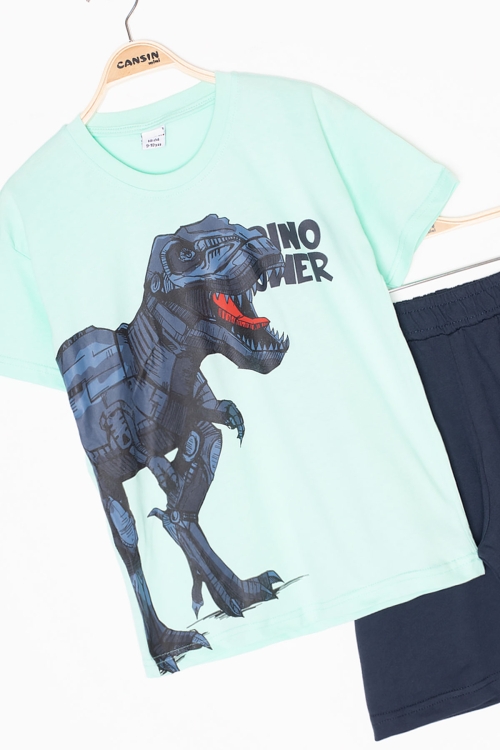 Mint Dino Baskılı Yazılı Erkek Çocuk Şortlu Alt Üst Takım 20620