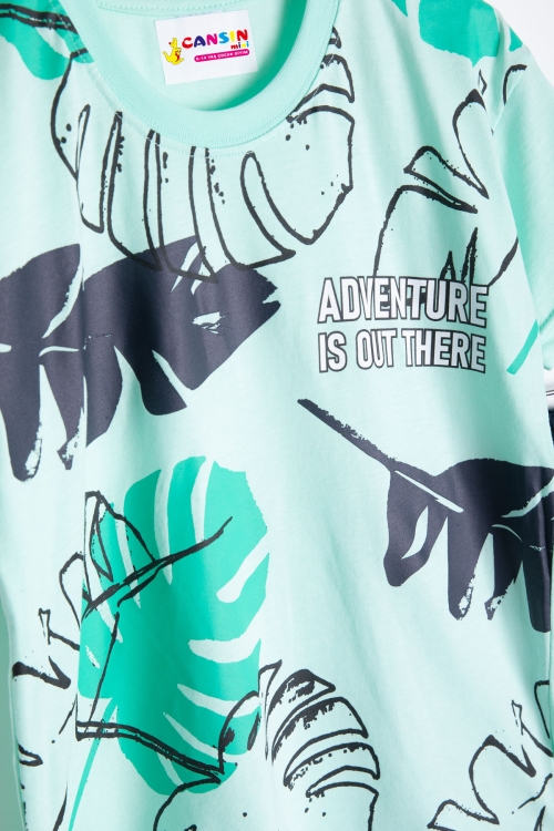 Mint Yaprak Baskılı Bisiklet Yaka Erkek Çocuk 2li Şortlu Takım 21059