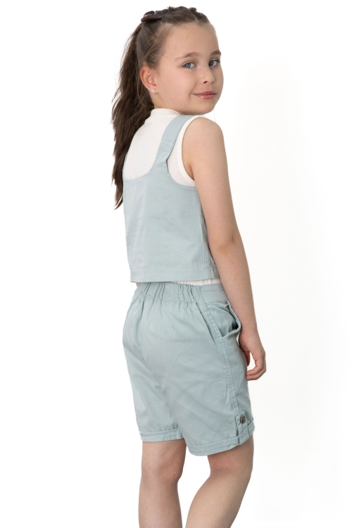 Mint Yeşili  Sıfır Kol Badili Düğmeli Yelekli Kız Çocuk 3lü Şortlu Takım 21037