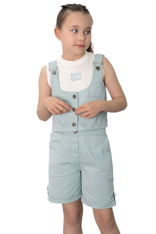 Mint Yeşili  Sıfır Kol Badili Düğmeli Yelekli Kız Çocuk 3lü Şortlu Takım 21037