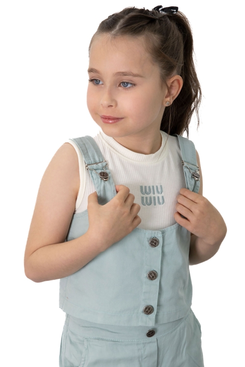 Mint Yeşili  Sıfır Kol Badili Düğmeli Yelekli Kız Çocuk 3lü Şortlu Takım 21037