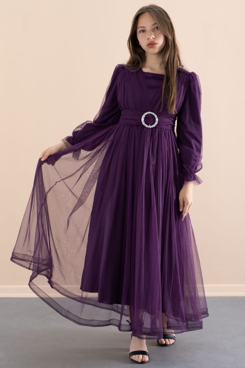 Mor Toka Detaylı Astarlı Kız Çocuk Uzun Kollu Tüllü Elbise 21093