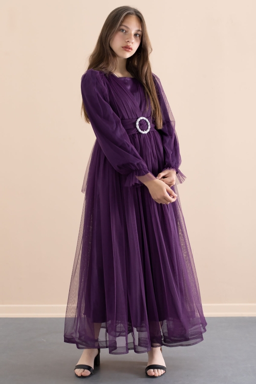 Mor Toka Detaylı Astarlı Kız Çocuk Uzun Kollu Tüllü Elbise 21093