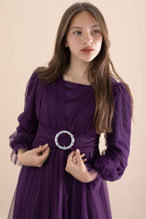 Mor Toka Detaylı Astarlı Kız Çocuk Uzun Kollu Tüllü Elbise 21093