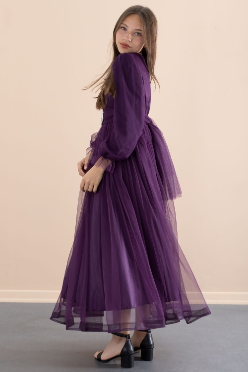 Mor Toka Detaylı Astarlı Kız Çocuk Uzun Kollu Tüllü Elbise 21093