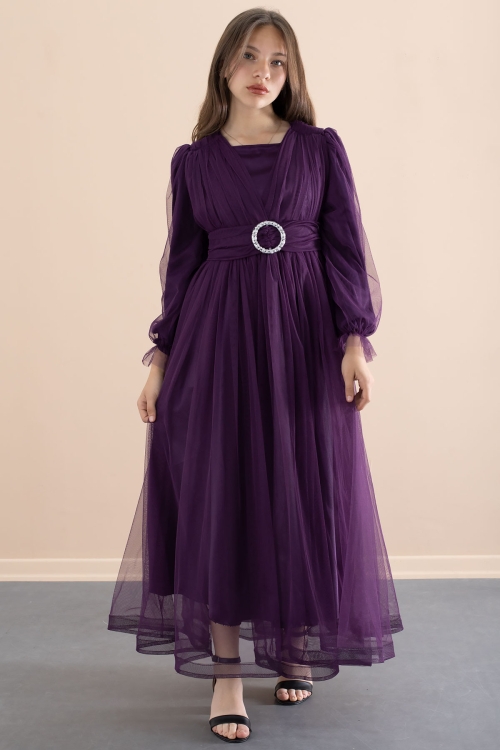 Mor Toka Detaylı Astarlı Kız Çocuk Uzun Kollu Tüllü Elbise 21093